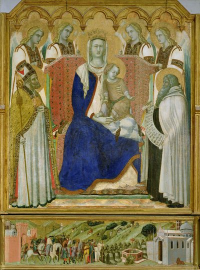 Das Karmelitenaltarbild, zentrales Panel mit der Jungfrau und dem Kind mit Engeln, St. Nikolaus und dem Propheten Elija, 1329 von Pietro Lorenzetti